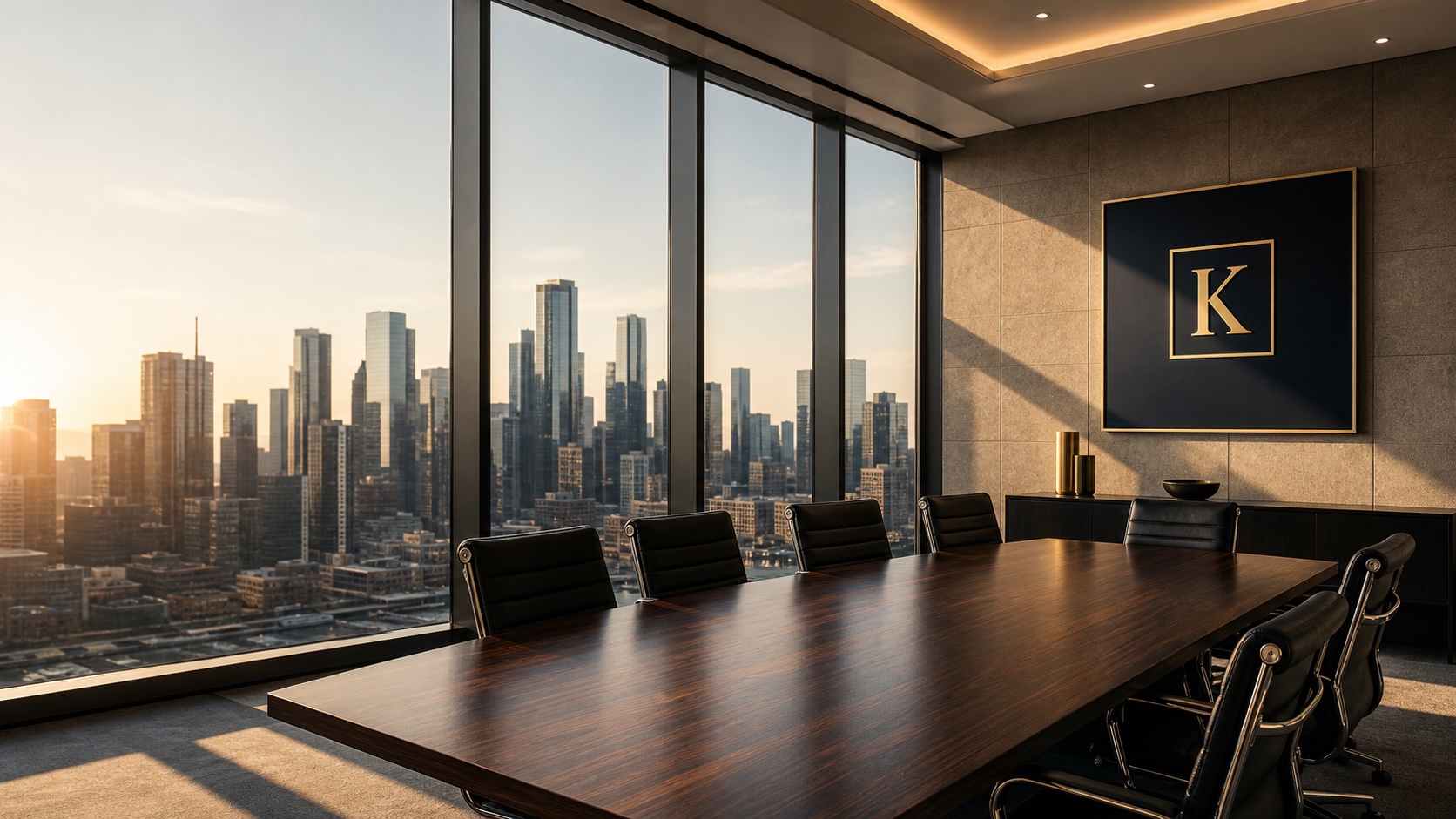 Executive conference room overlooking a city skyline